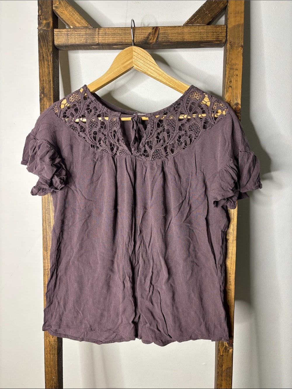 Maurices Plum Crochet Yoke Short Ruffle Sleeve Top Size M
